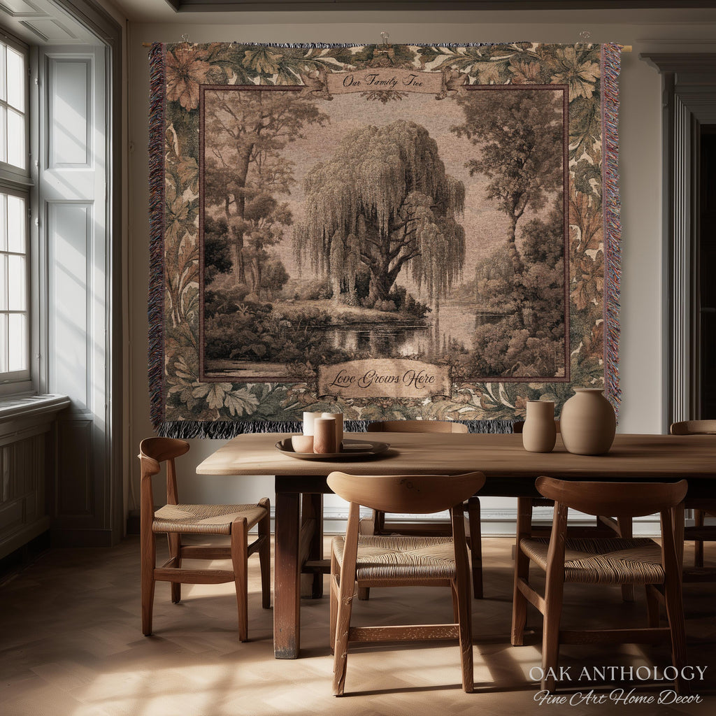 Classical Verdure Weeping Willow Custom Names Tapestry | Elegant Botanical Woven Throw Blanket Personalized Ancestral Timeless Keepsake Gift