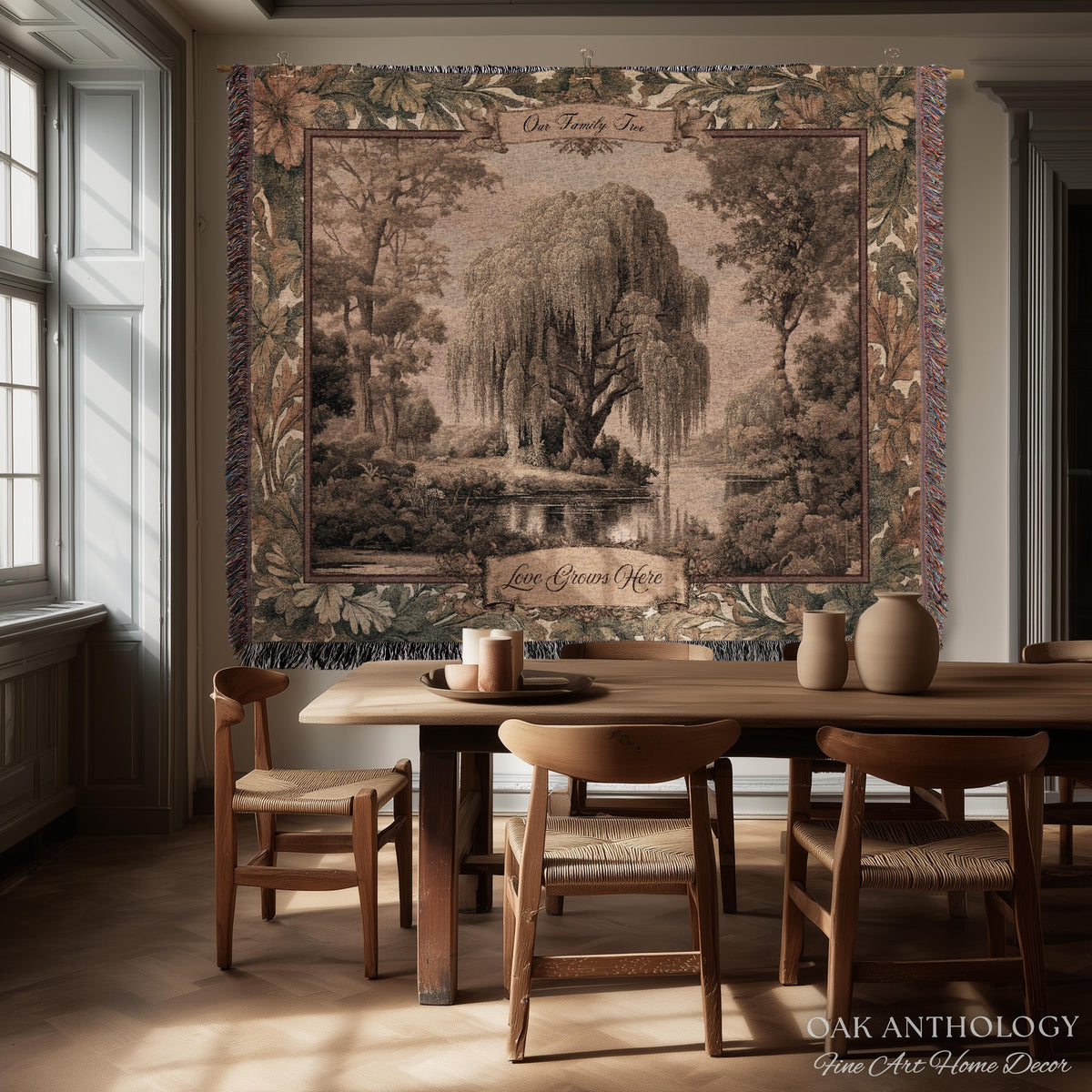 Classical Verdure Weeping Willow Custom Names Tapestry | Elegant Botanical Woven Throw Blanket Personalized Ancestral Timeless Keepsake Gift
