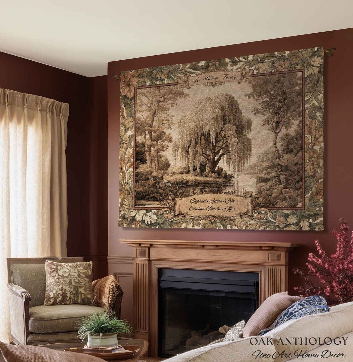 Classical Verdure Weeping Willow Custom Names Tapestry | Elegant Botanical Woven Throw Blanket Personalized Ancestral Timeless Keepsake Gift