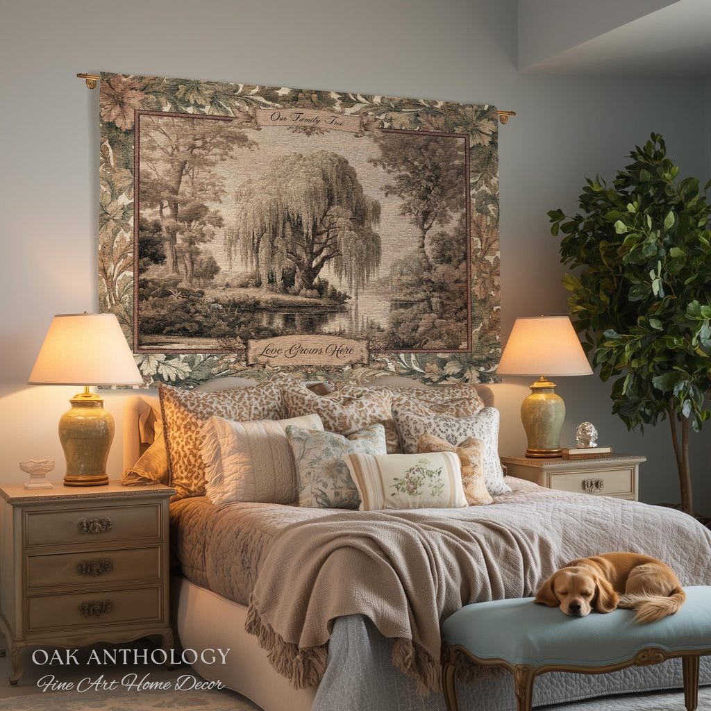Classical Verdure Weeping Willow Custom Names Tapestry | Elegant Botanical Woven Throw Blanket Personalized Ancestral Timeless Keepsake Gift