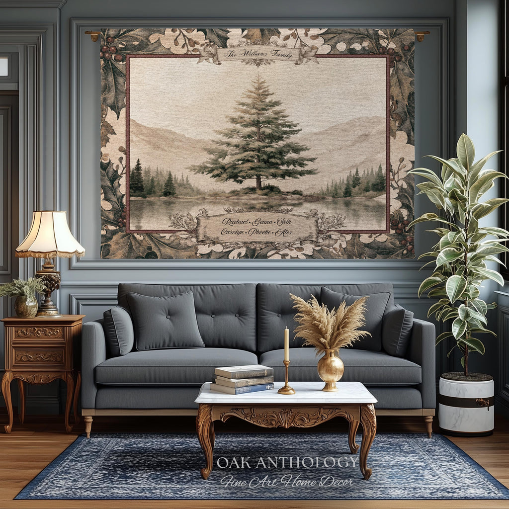 Serene Alpine Spruce Custom Family Tapestry Personalized Name Decor | Misty Lake Woven Throw Wintry Sentimental Legacy Heirloom Wall Hanging