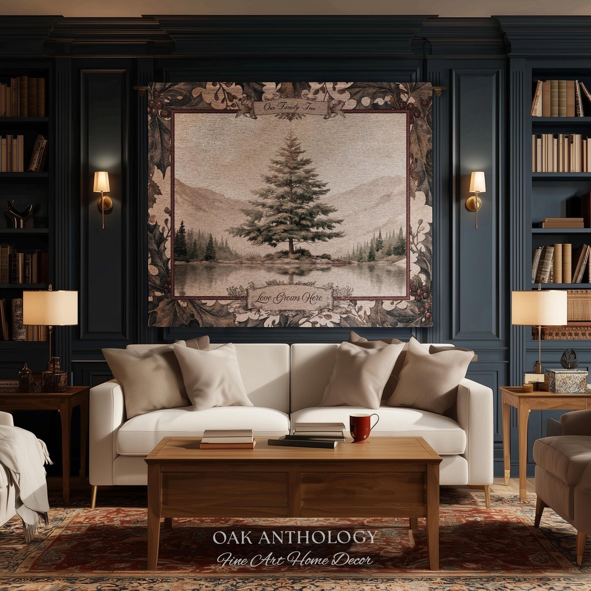 Serene Alpine Spruce Custom Family Tapestry Personalized Name Decor | Misty Lake Woven Throw Wintry Sentimental Legacy Heirloom Wall Hanging