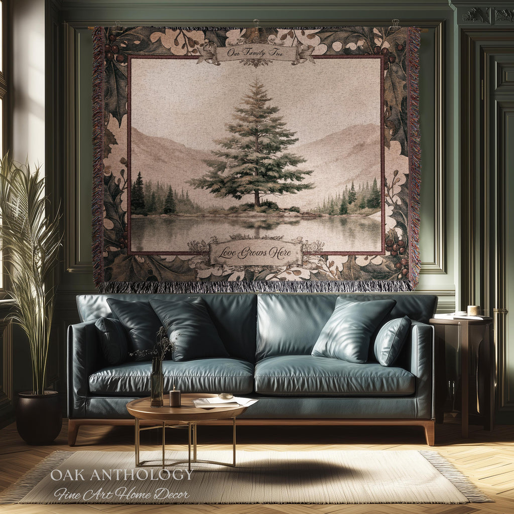 Serene Alpine Spruce Custom Family Tapestry Personalized Name Decor | Misty Lake Woven Throw Wintry Sentimental Legacy Heirloom Wall Hanging