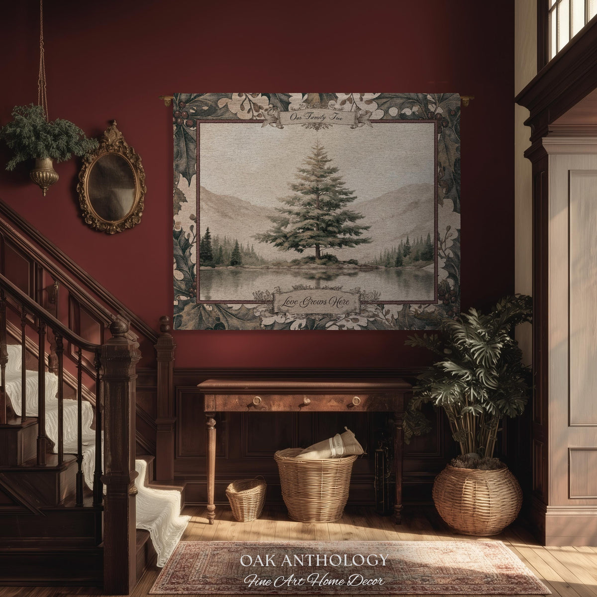 Serene Alpine Spruce Custom Family Tapestry Personalized Name Decor | Misty Lake Woven Throw Wintry Sentimental Legacy Heirloom Wall Hanging