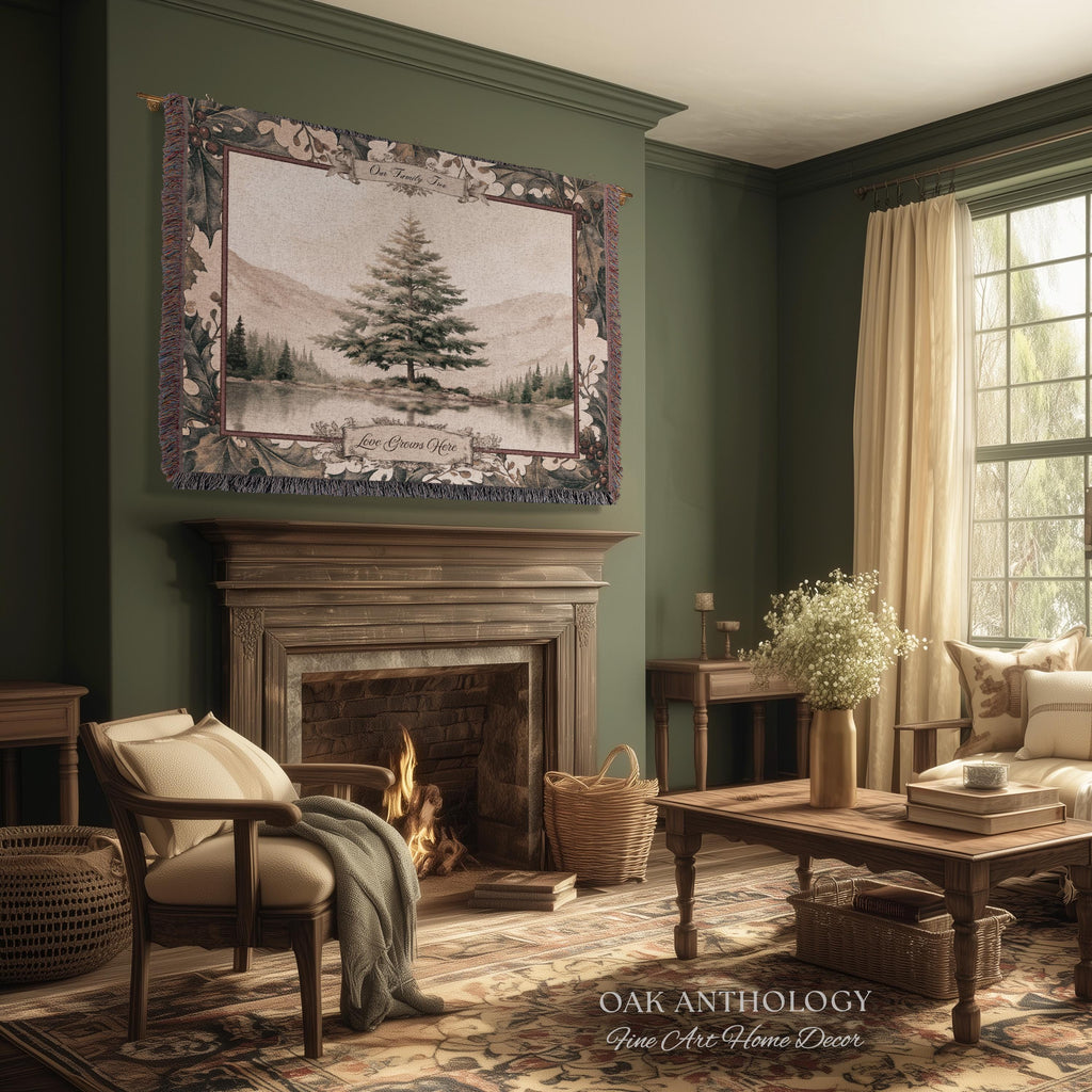 Serene Alpine Spruce Custom Family Tapestry Personalized Name Decor | Misty Lake Woven Throw Wintry Sentimental Legacy Heirloom Wall Hanging