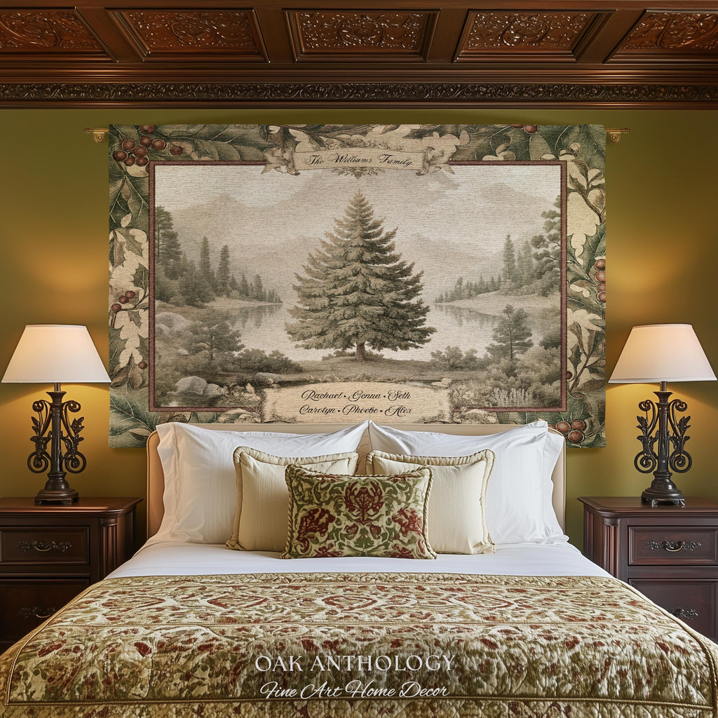 Rustic River Spruce Family Tree Woven Tapestry Custom Names | Woodland Heritage Throw Blanket Personalized Ancestral Heartfelt Keepsake Gift
