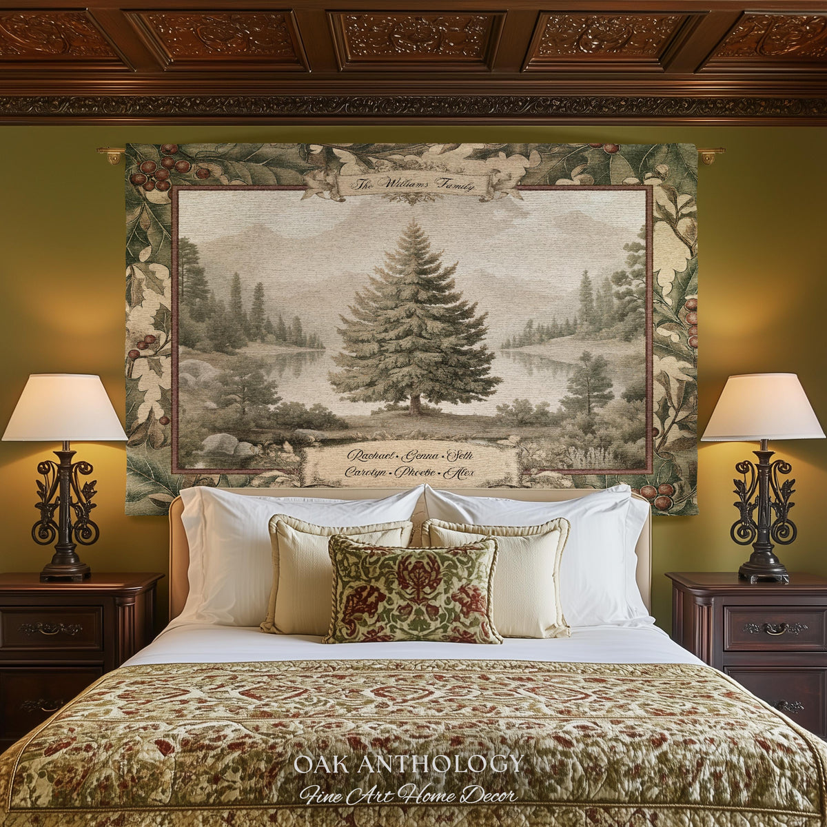 Rustic River Spruce Family Tree Woven Tapestry Custom Names | Woodland Heritage Throw Blanket Personalized Ancestral Heartfelt Keepsake Gift