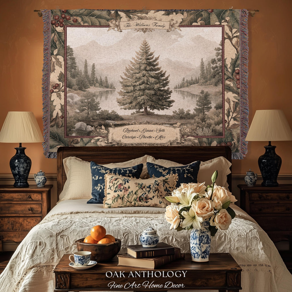 Rustic River Spruce Family Tree Woven Tapestry Custom Names | Woodland Heritage Throw Blanket Personalized Ancestral Heartfelt Keepsake Gift