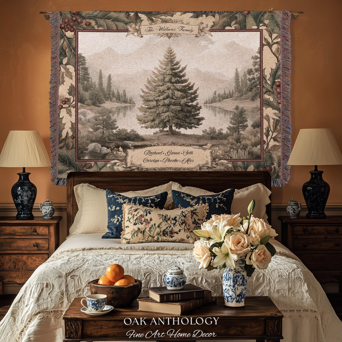 Rustic River Spruce Family Tree Woven Tapestry Custom Names | Woodland Heritage Throw Blanket Personalized Ancestral Heartfelt Keepsake Gift