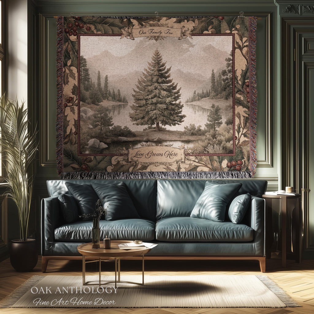 Rustic River Spruce Family Tree Woven Tapestry Custom Names | Woodland Heritage Throw Blanket Personalized Ancestral Heartfelt Keepsake Gift