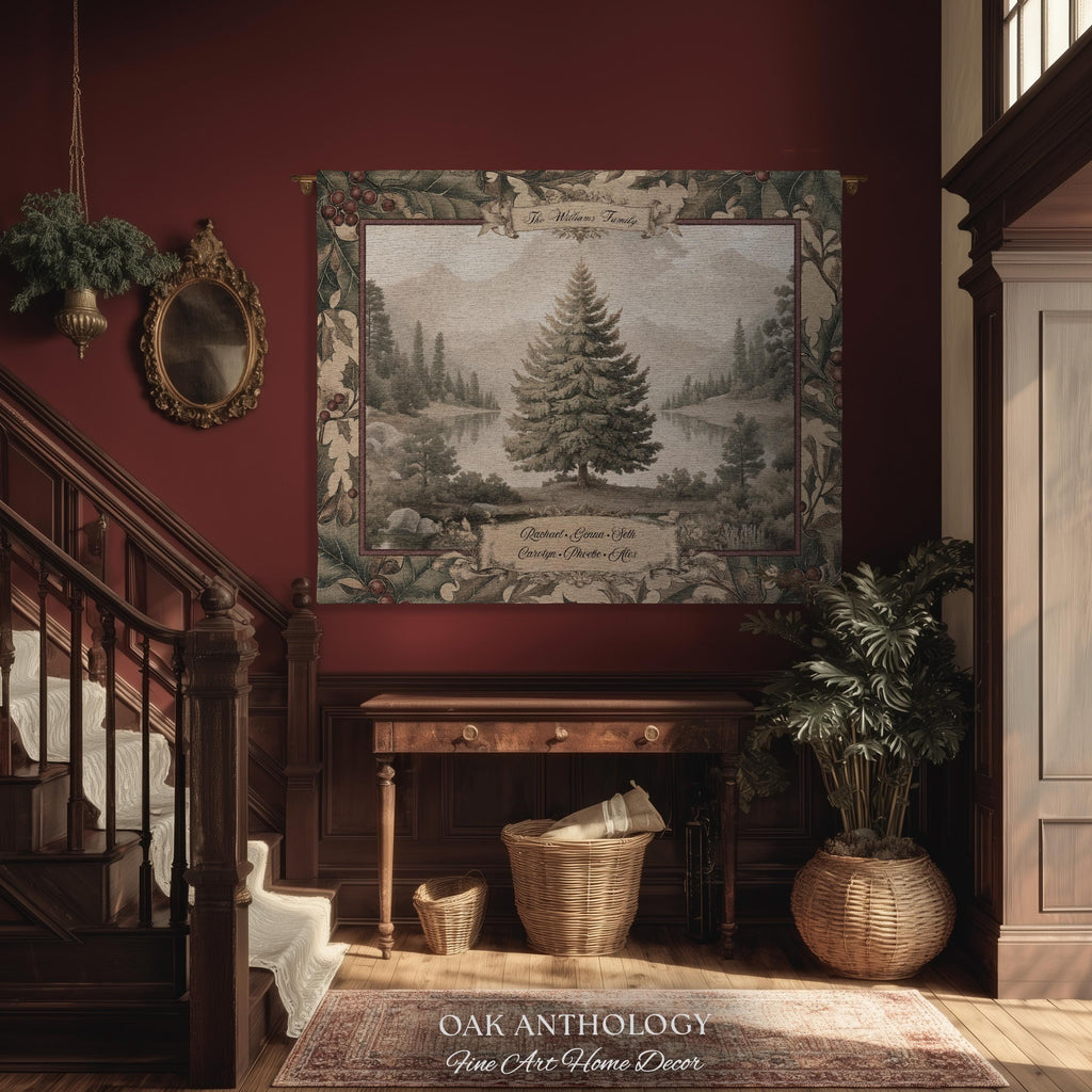 Rustic River Spruce Family Tree Woven Tapestry Custom Names | Woodland Heritage Throw Blanket Personalized Ancestral Heartfelt Keepsake Gift