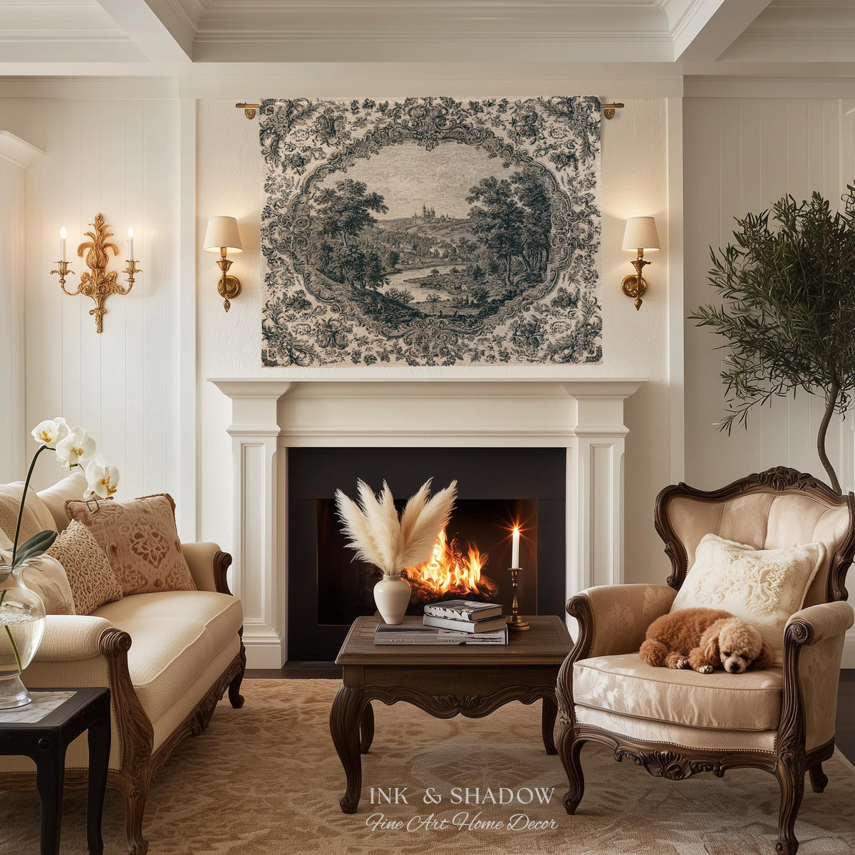 Castle Vignette Toile Style Woven Tapestry | Ornate Rococo Baroque French Countryside Throw Monochrome Landscape Pastoral Scenic Wall Decor