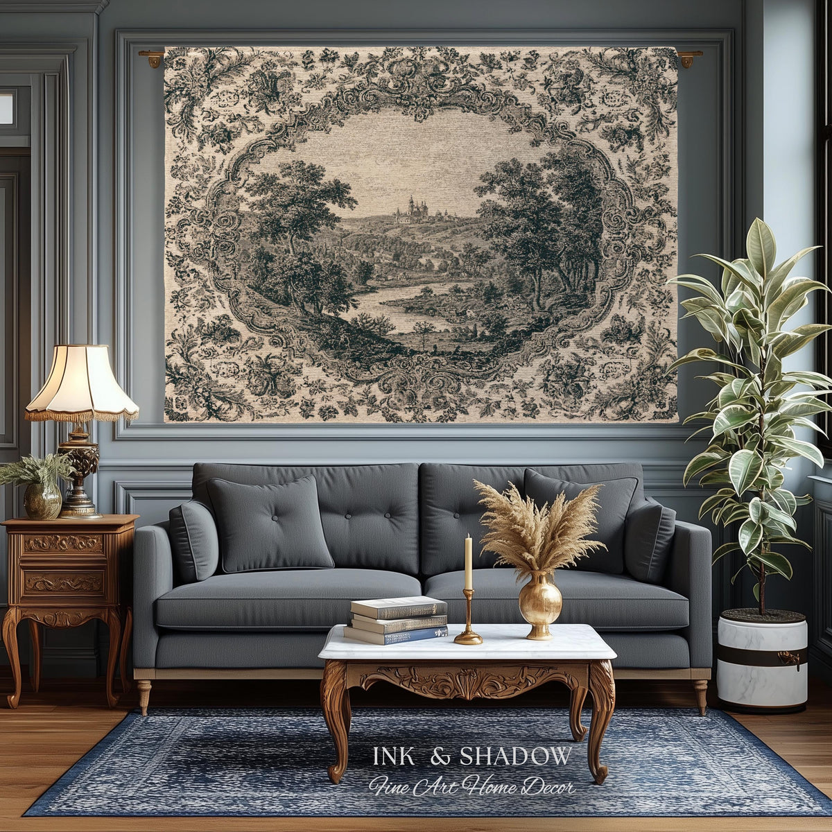 Castle Vignette Toile Style Woven Tapestry | Ornate Rococo Baroque French Countryside Throw Monochrome Landscape Pastoral Scenic Wall Decor