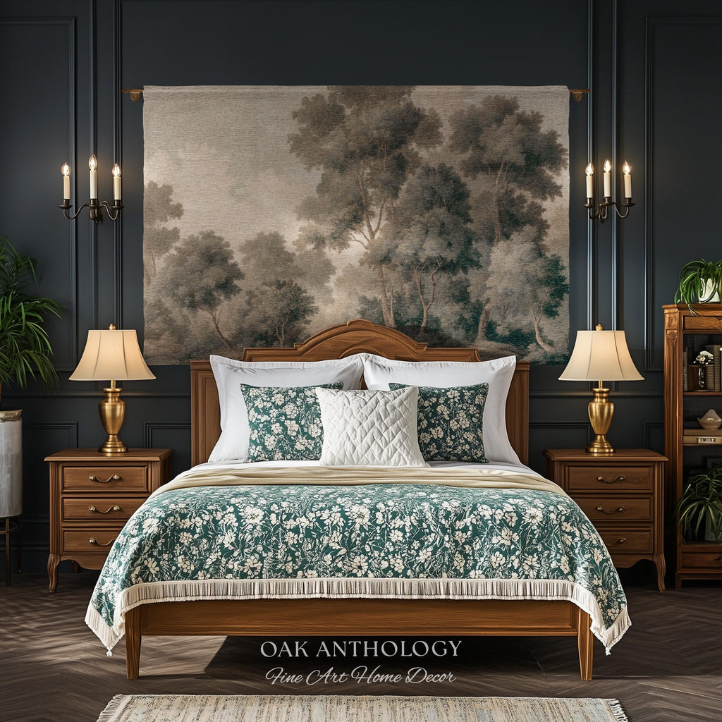 Soft Misty Moody Woodland Trees Woven Tapestry Above Bed Art | Muted Forest Landscape Serene Neutral Timeless Old World Classical Wall Decor