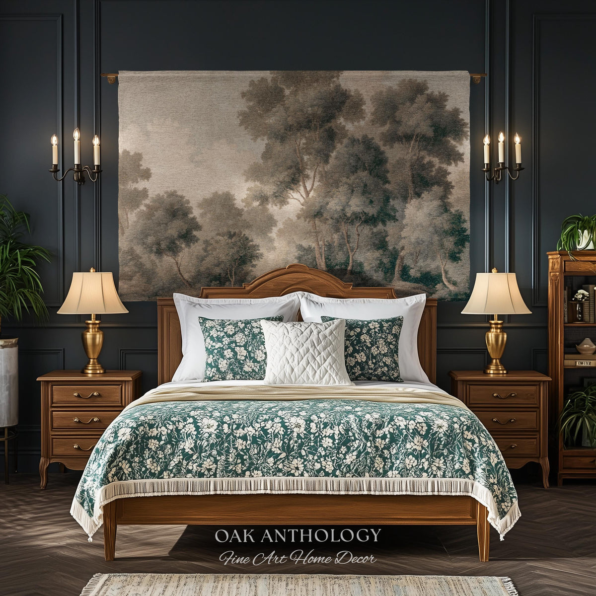 Soft Misty Moody Woodland Trees Woven Tapestry Above Bed Art | Muted Forest Landscape Serene Neutral Timeless Old World Classical Wall Decor