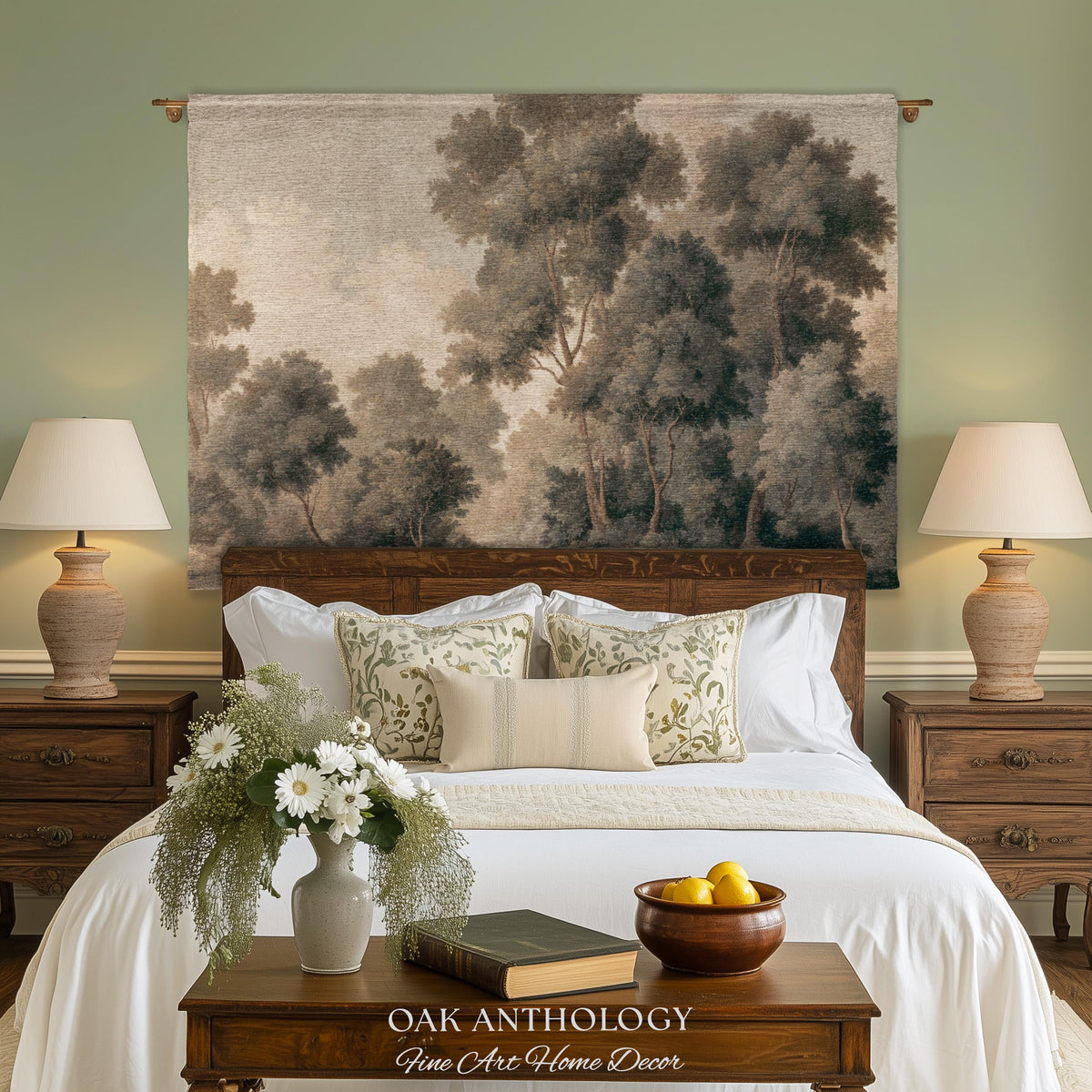 Soft Misty Moody Woodland Trees Woven Tapestry Above Bed Art | Muted Forest Landscape Serene Neutral Timeless Old World Classical Wall Decor