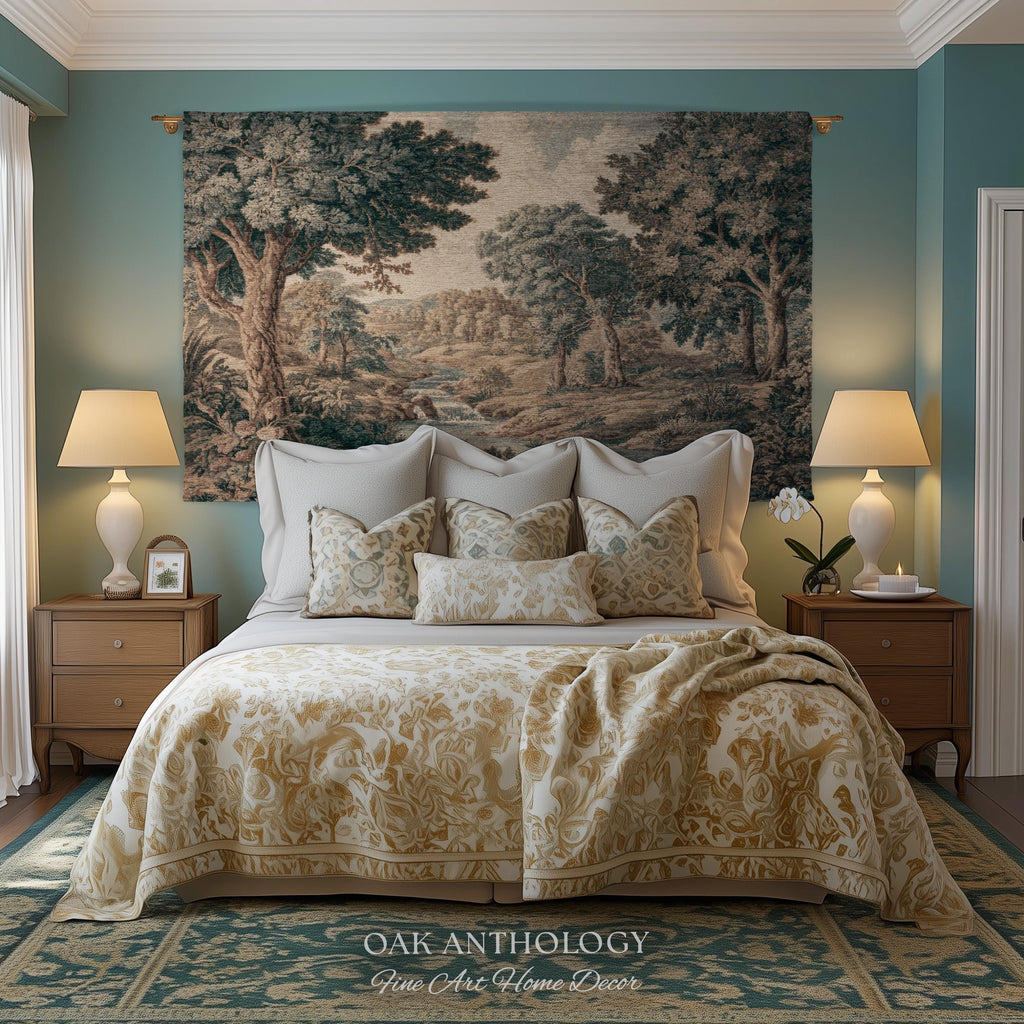 Riverbank Scene Verdure Woven Tapestry Decorative Statement | Muted Forest Landscape Jacquard Rustic Cottagecore Grandmillennial Wall Art