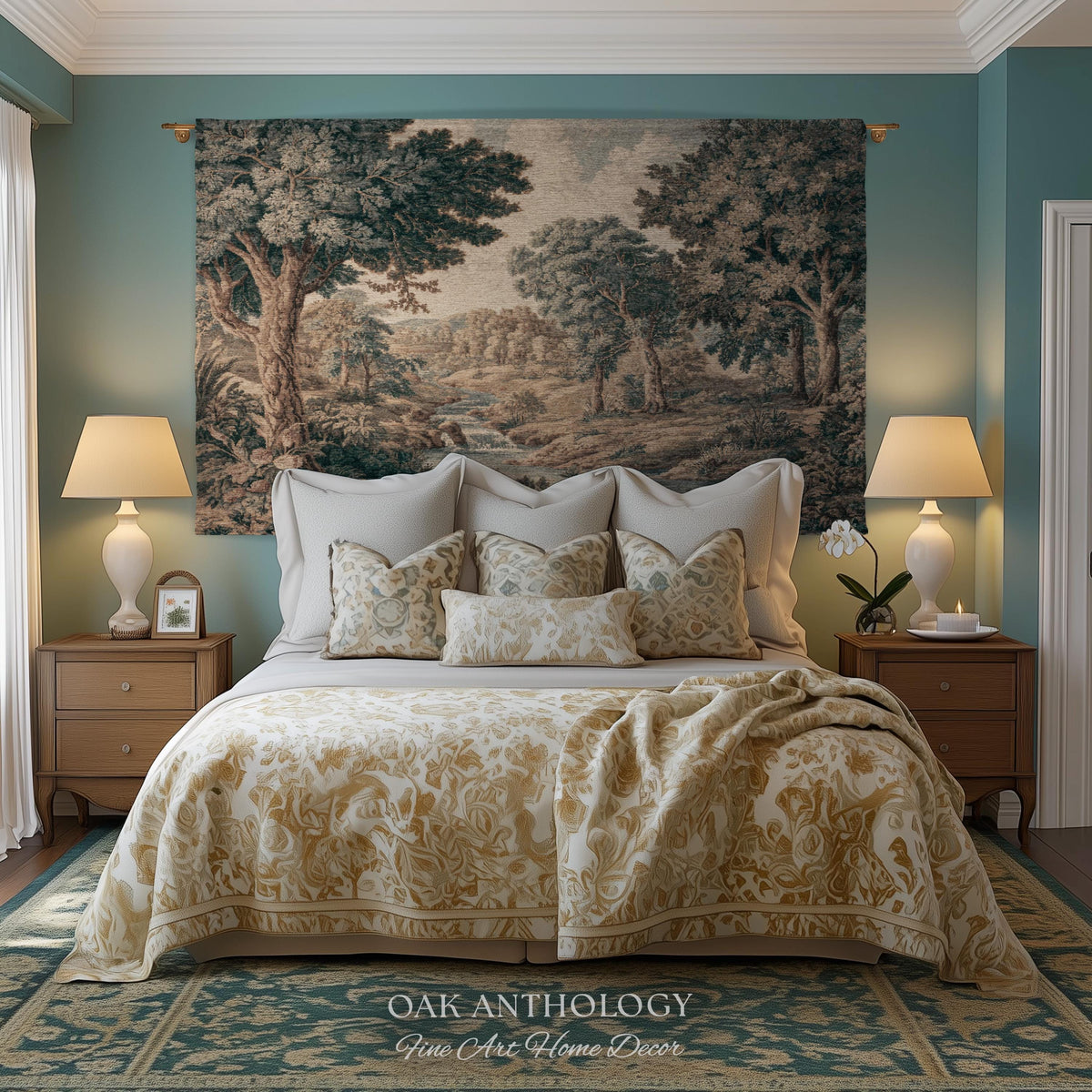 Riverbank Scene Verdure Woven Tapestry Decorative Statement | Muted Forest Landscape Jacquard Rustic Cottagecore Grandmillennial Wall Art