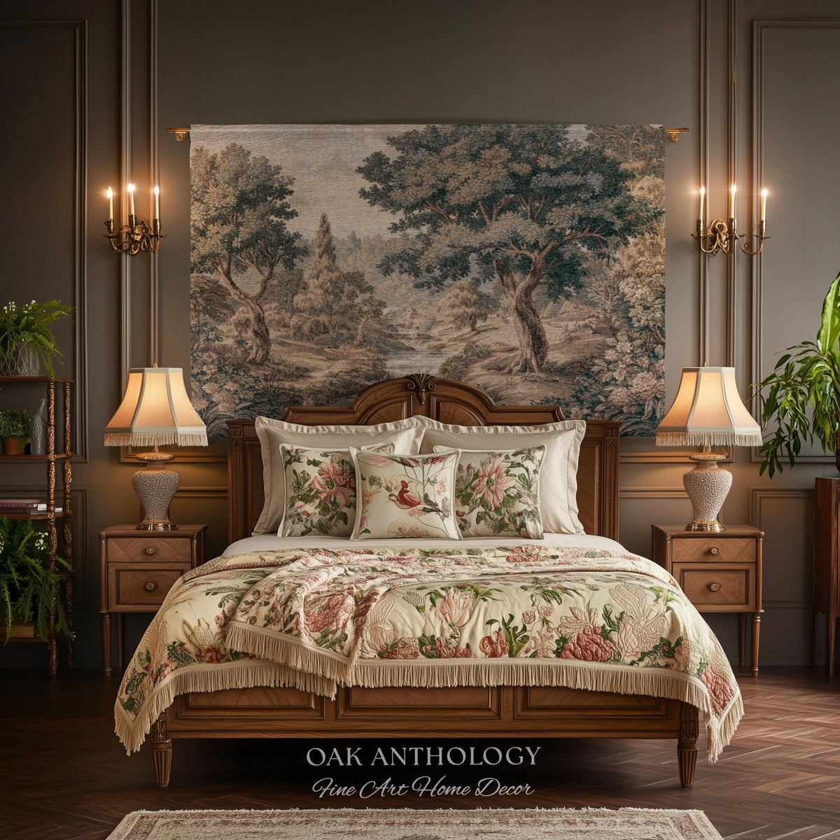 May include: A wooden bed frame with a cream-colored quilt featuring a floral pattern and fringe trim, accompanied by matching pillows. Above the bed hangs a large landscape tapestry depicting trees. The text OAK ANTHOLOGY Fine Art Home Decor is visible.