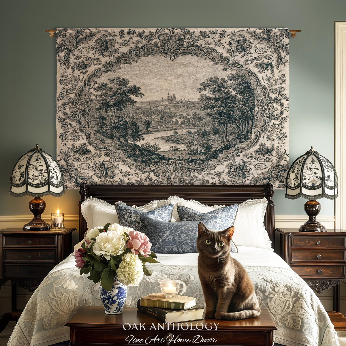 Castle Vignette Toile Style Woven Tapestry | Ornate Rococo Baroque French Countryside Throw Monochrome Landscape Pastoral Scenic Wall Decor