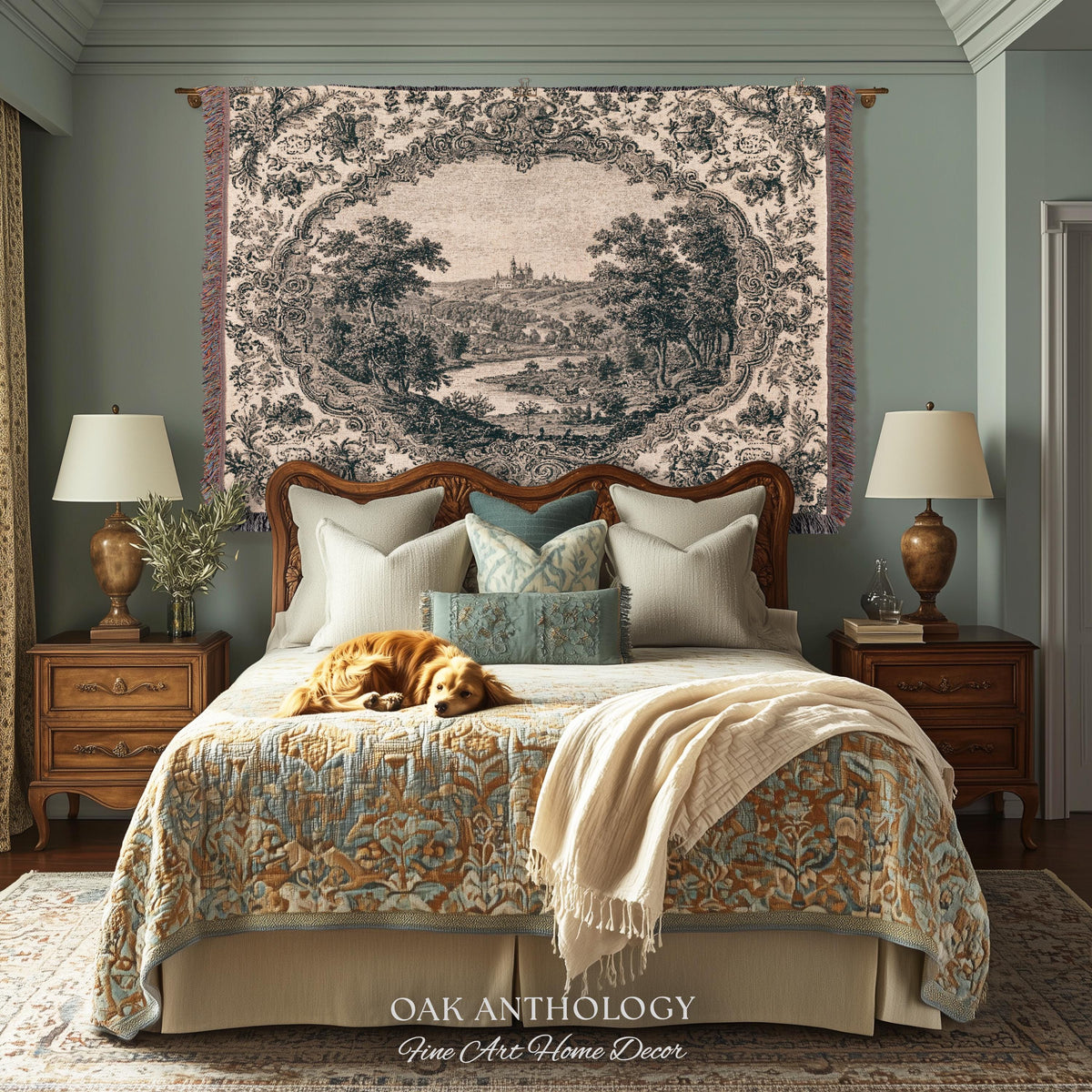 Castle Vignette Toile Style Woven Tapestry | Ornate Rococo Baroque French Countryside Throw Monochrome Landscape Pastoral Scenic Wall Decor