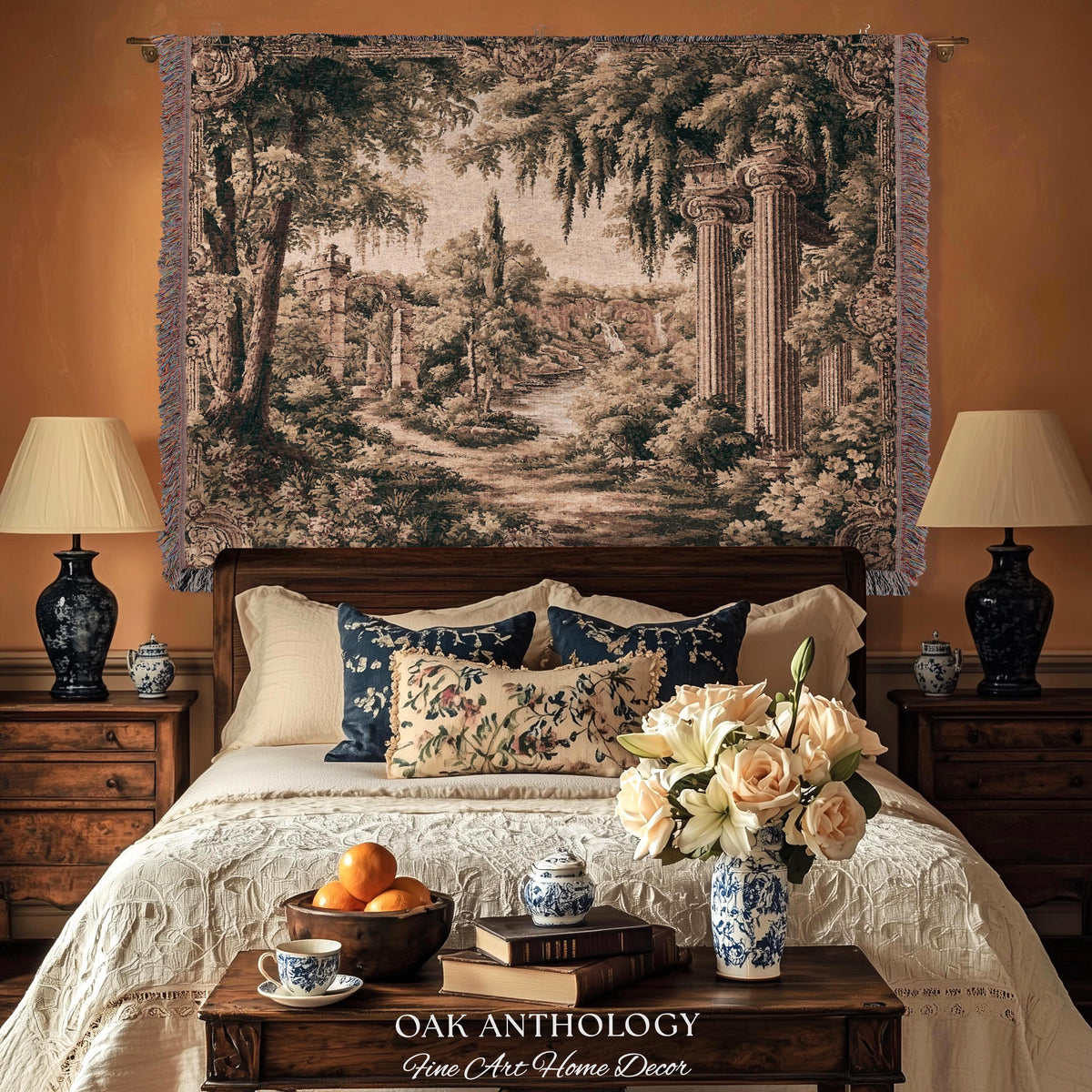 Classical Columns Garden Ruins Landscape Tapestry Woven Wall Hanging | Neoclassical Estate Vista Architectural Botanical Nature Textile Art