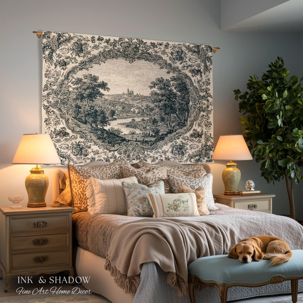 Castle Vignette Toile Style Woven Tapestry | Ornate Rococo Baroque French Countryside Throw Monochrome Landscape Pastoral Scenic Wall Decor