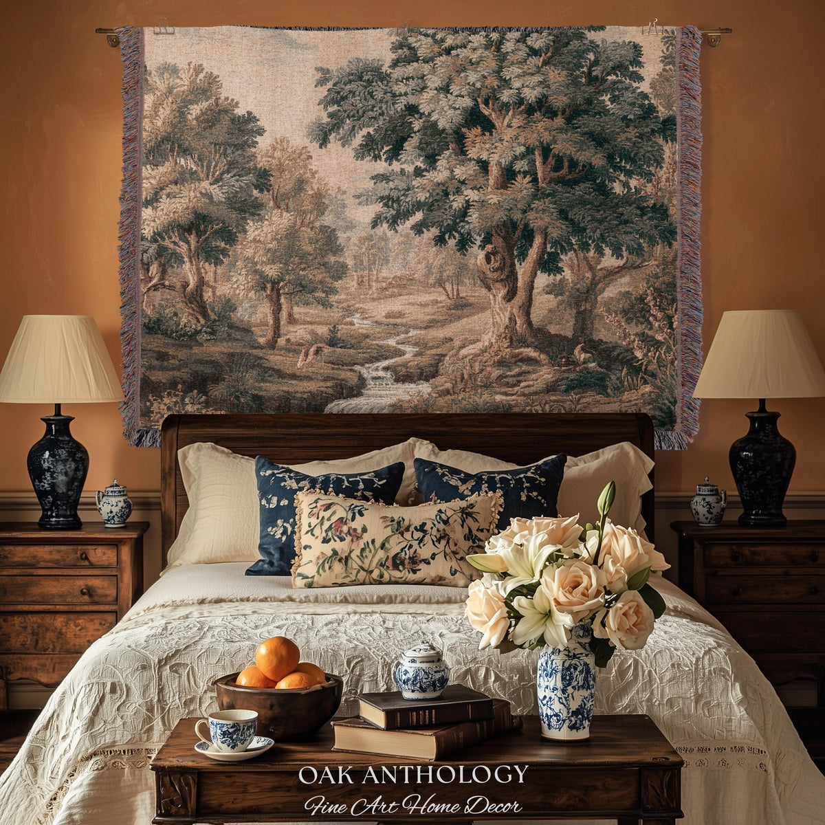 Charming Woodland Stream Scene Woven Tapestry Verdure Wall Art | Traditional Old World Charm Decor Forest Interior Jacquard Throw Blanket