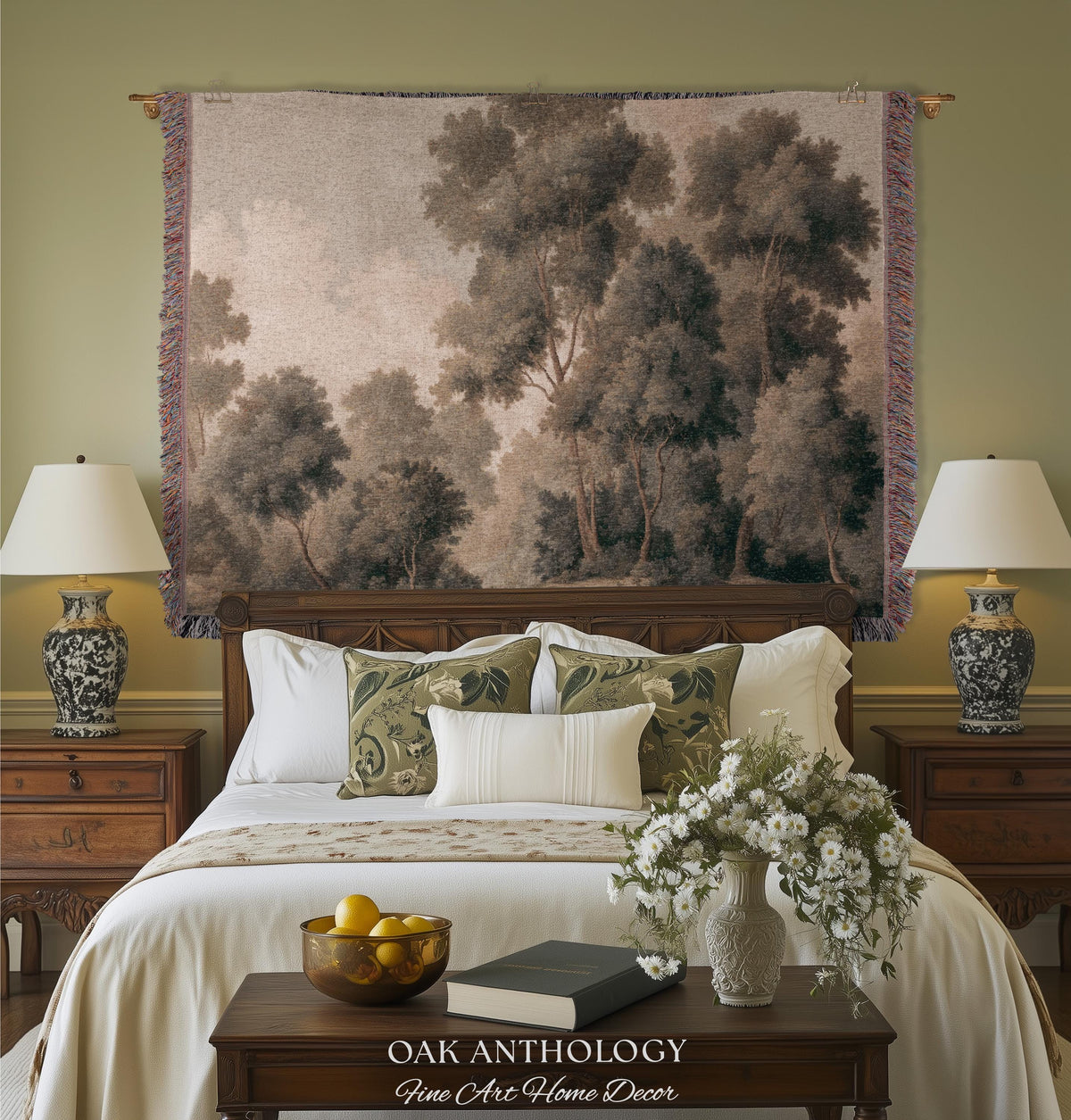 Soft Misty Moody Woodland Trees Woven Tapestry Above Bed Art | Muted Forest Landscape Serene Neutral Timeless Old World Classical Wall Decor