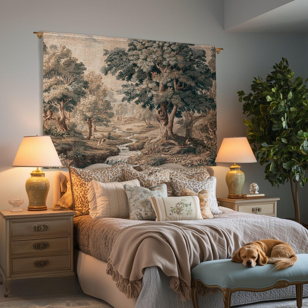 Charming Woodland Stream Scene Woven Tapestry Verdure Wall Art | Traditional Old World Charm Decor Forest Interior Jacquard Throw Blanket