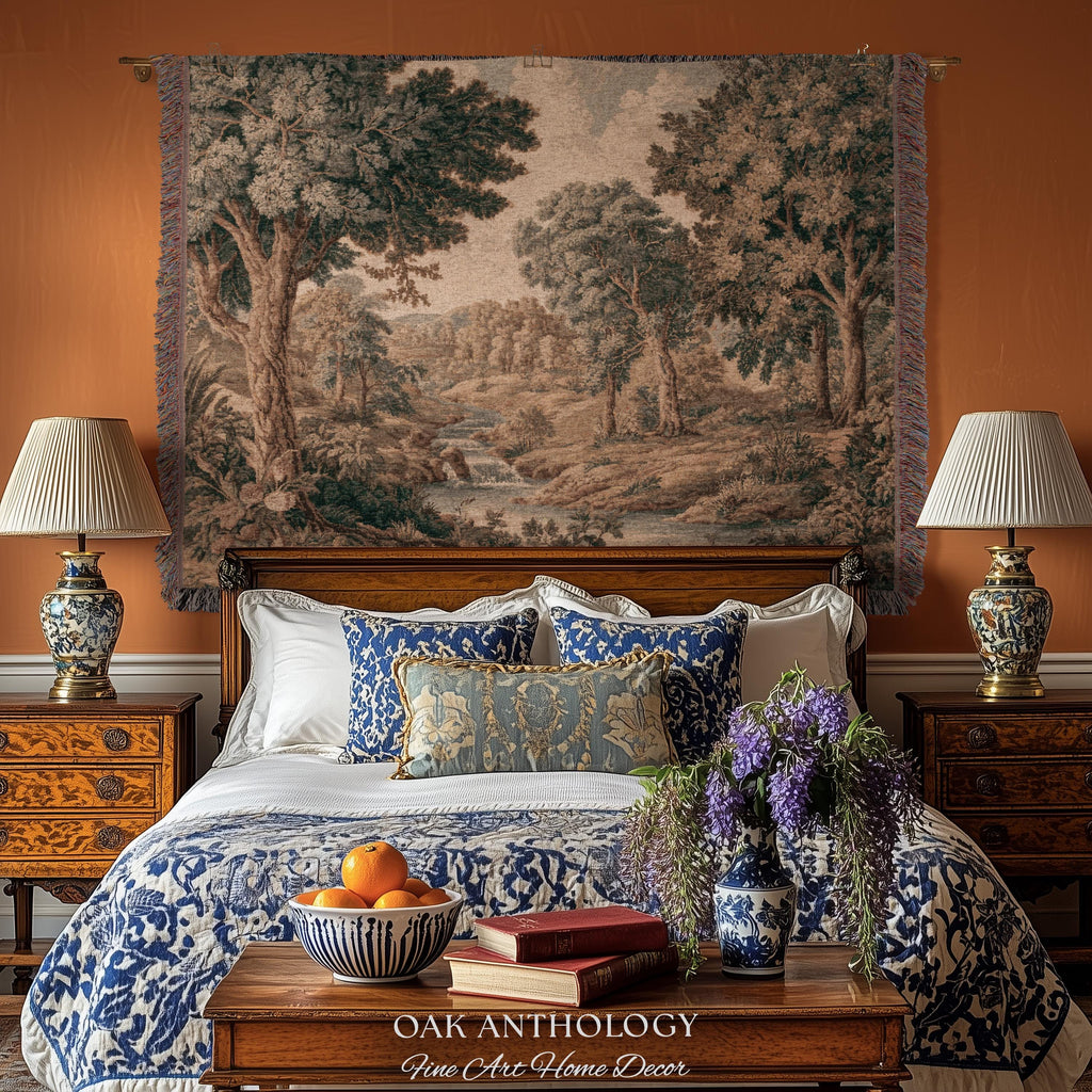 Riverbank Scene Verdure Woven Tapestry Decorative Statement | Muted Forest Landscape Jacquard Rustic Cottagecore Grandmillennial Wall Art