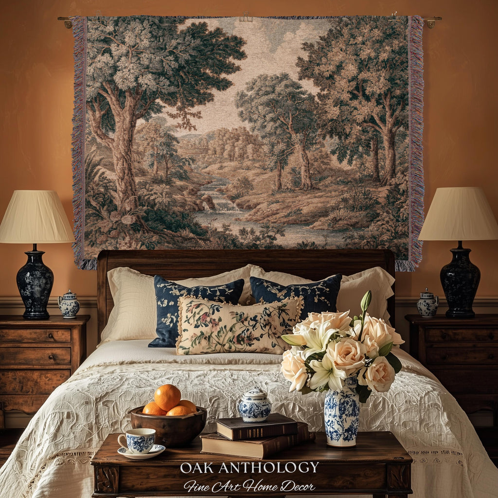 Riverbank Scene Verdure Woven Tapestry Decorative Statement | Muted Forest Landscape Jacquard Rustic Cottagecore Grandmillennial Wall Art