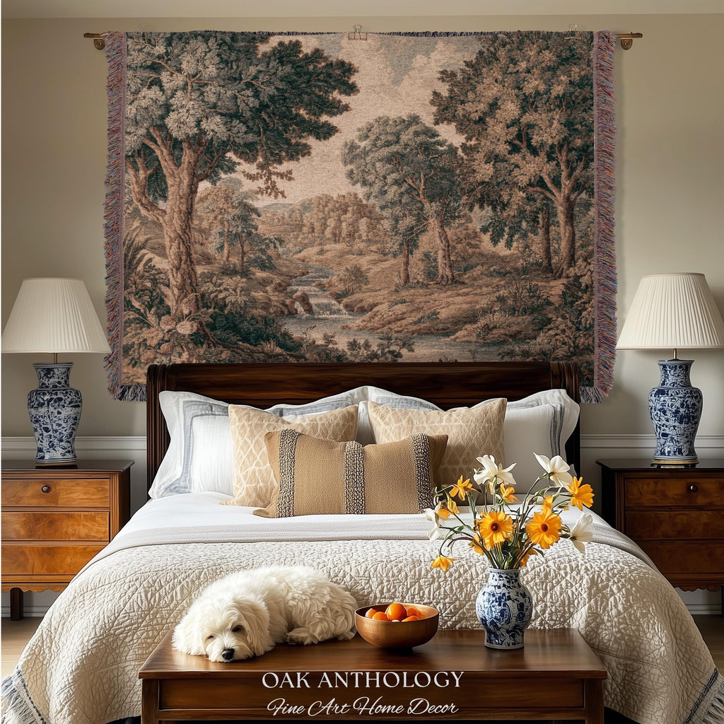 Riverbank Scene Verdure Woven Tapestry Decorative Statement | Muted Forest Landscape Jacquard Rustic Cottagecore Grandmillennial Wall Art