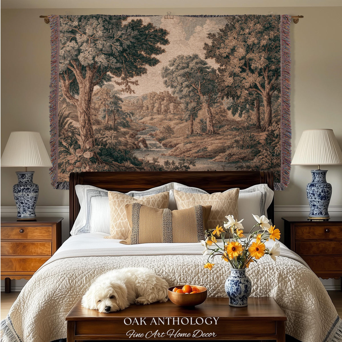 Riverbank Scene Verdure Woven Tapestry Decorative Statement | Muted Forest Landscape Jacquard Rustic Cottagecore Grandmillennial Wall Art