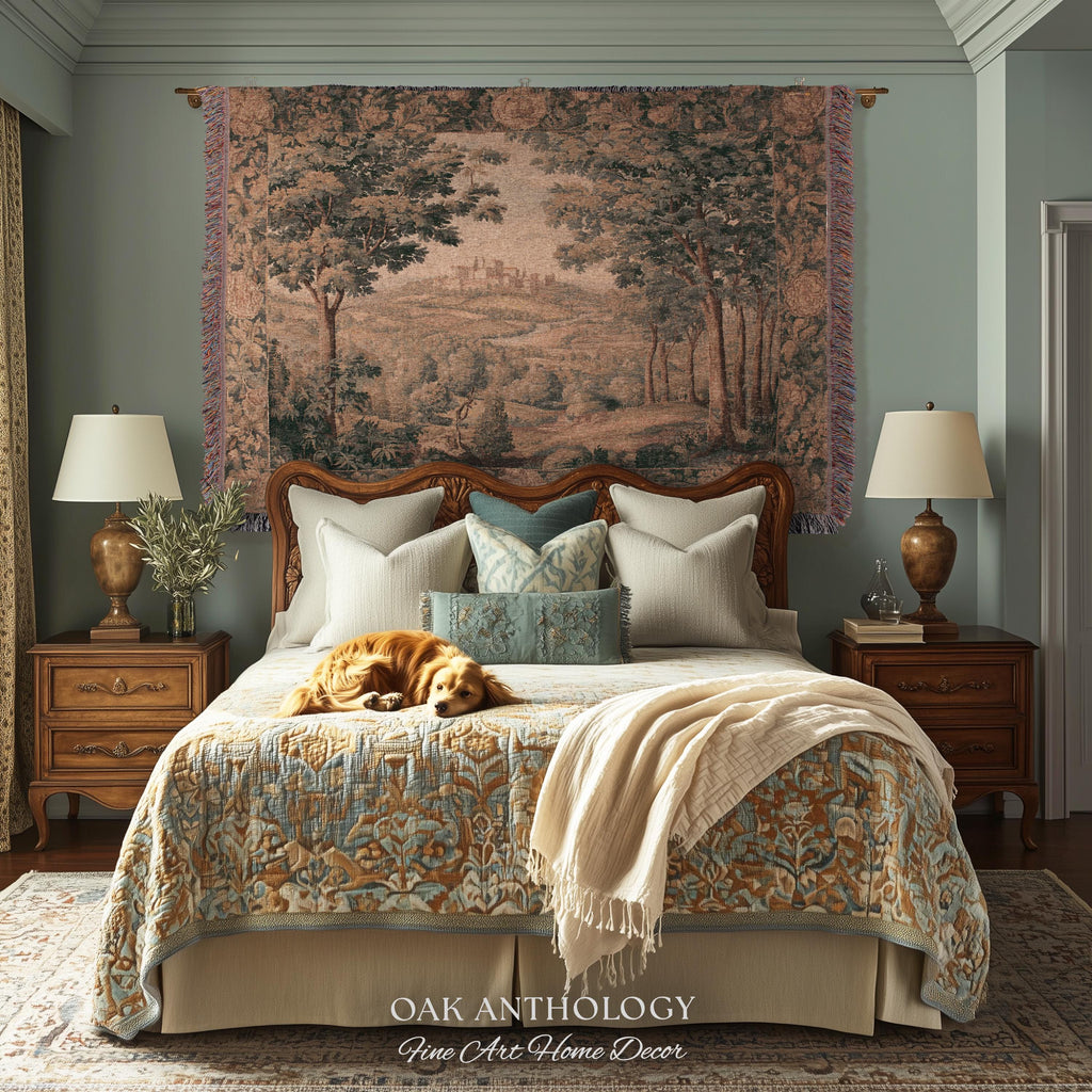 Regal Golden Sepia Hilltop Castle Verdure Tapestry Woven Wall Art | Antique Style Scenic Landscape Throw Romantic Countryside Classic Decor