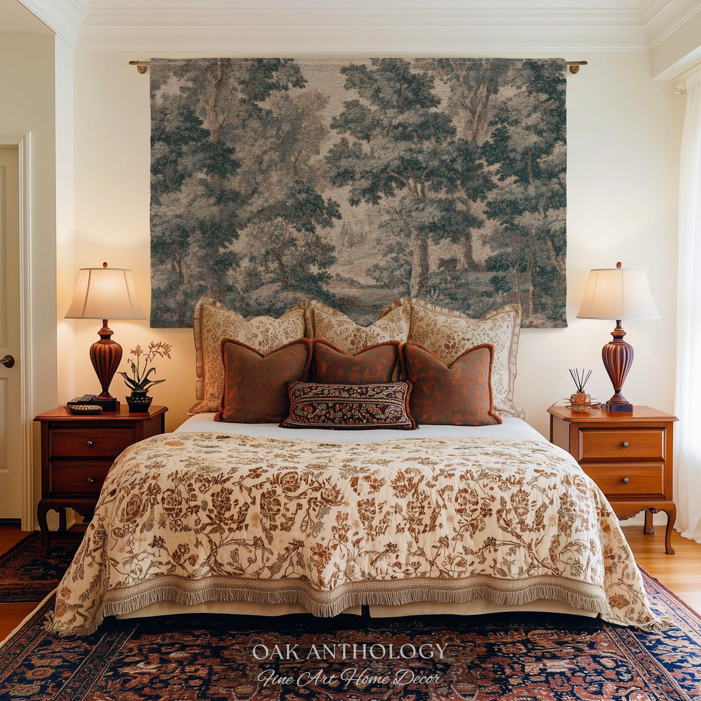 Muted Blue Woodland Landscape Tapestry Historic Forest Grove Scenic Woven Wall Art | English Country House Decor Verdure Style Serene Nature