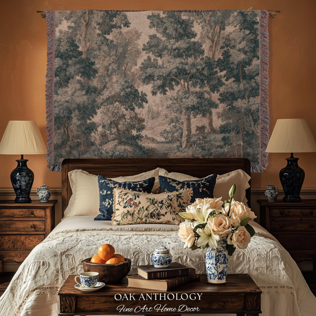 Muted Blue Woodland Landscape Tapestry Historic Forest Grove Scenic Woven Wall Art | English Country House Decor Verdure Style Serene Nature
