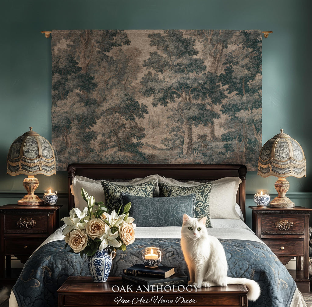 Muted Blue Woodland Landscape Tapestry Historic Forest Grove Scenic Woven Wall Art | English Country House Decor Verdure Style Serene Nature