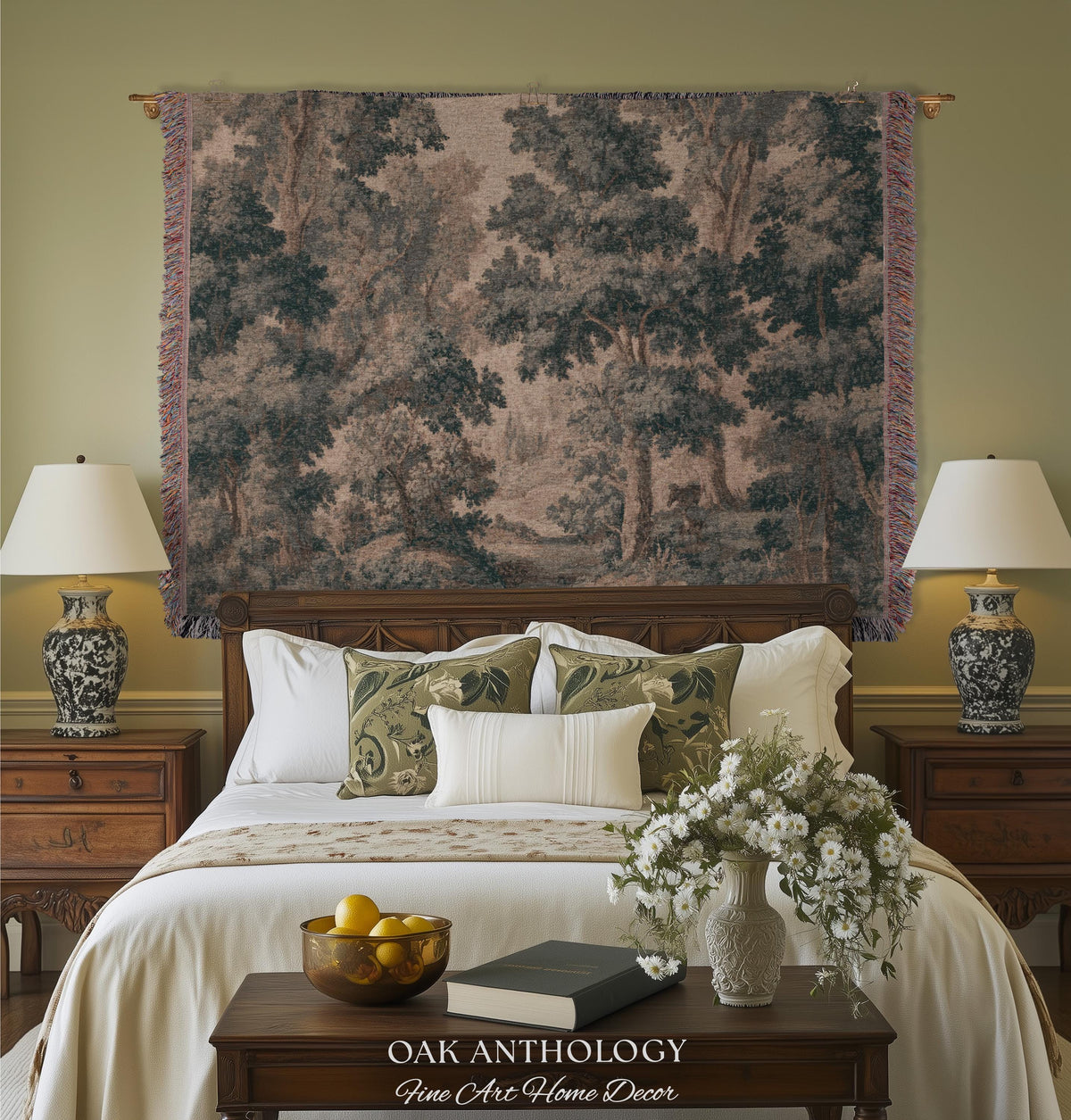 Muted Blue Woodland Landscape Tapestry Historic Forest Grove Scenic Woven Wall Art | English Country House Decor Verdure Style Serene Nature