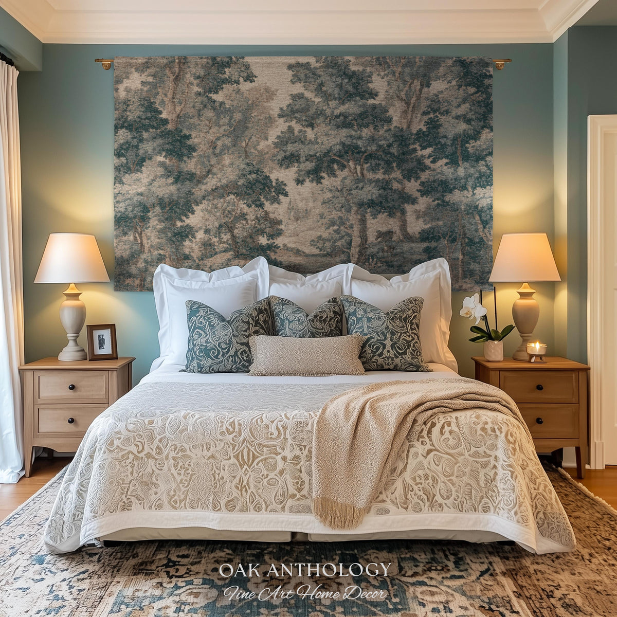 Muted Blue Woodland Landscape Tapestry Historic Forest Grove Scenic Woven Wall Art | English Country House Decor Verdure Style Serene Nature