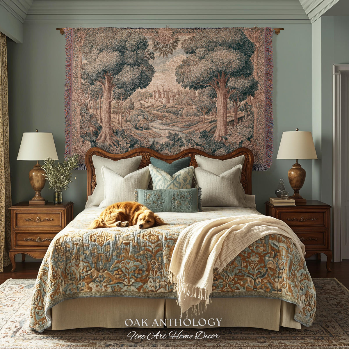 Storybook Castle Countryside Valley View Woven Tapestry Wall Hanging | Classical European River Landscape Heirloom Style Textile Art Decor