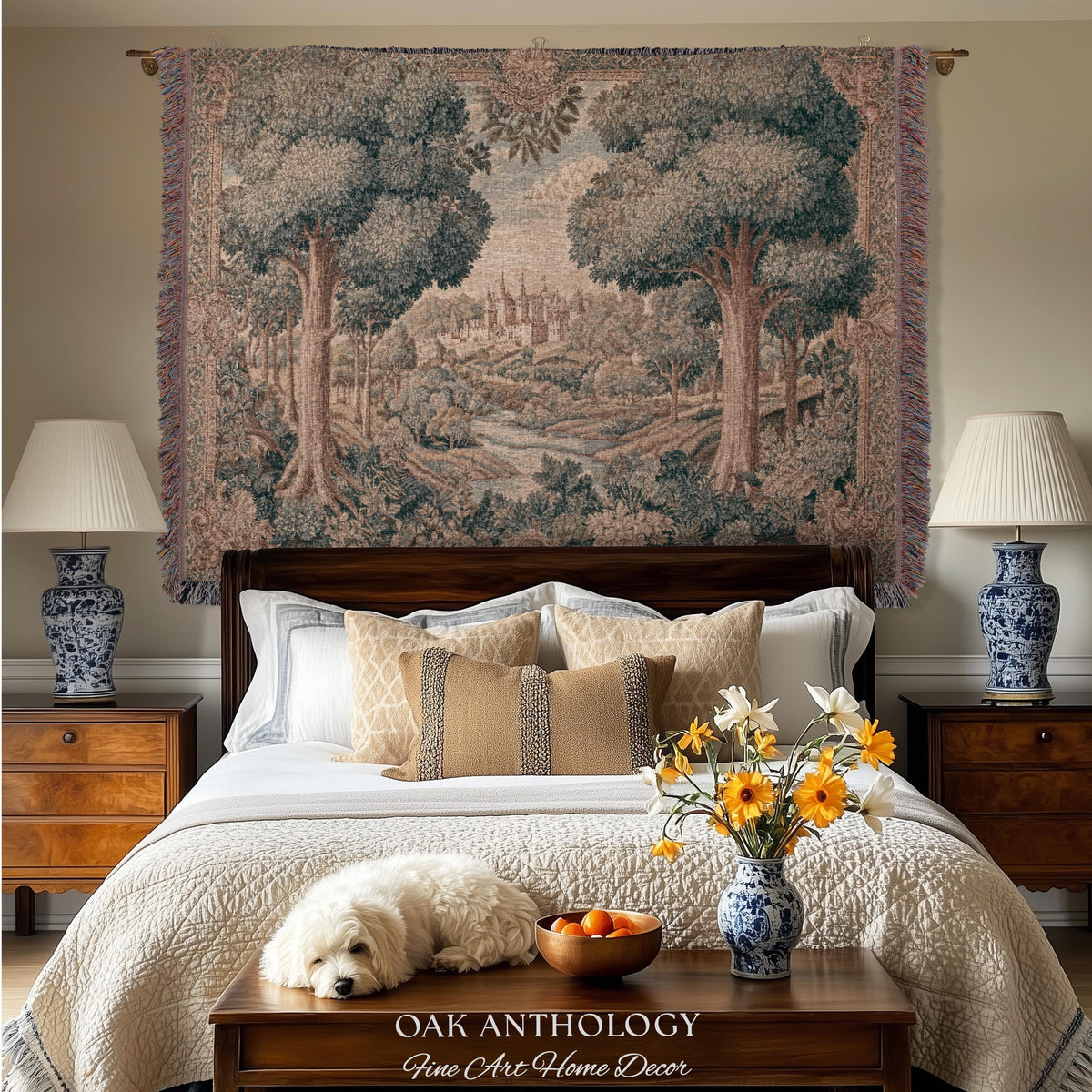 Storybook Castle Countryside Valley View Woven Tapestry Wall Hanging | Classical European River Landscape Heirloom Style Textile Art Decor