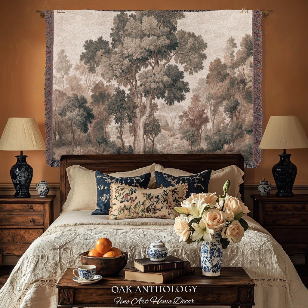 Majestic Tree Misty Forest Tapestry Woven Wall Hanging | Muted Tones Woodland Throw Blanket Rustic Elegance Nature Landscape Art Home Decor