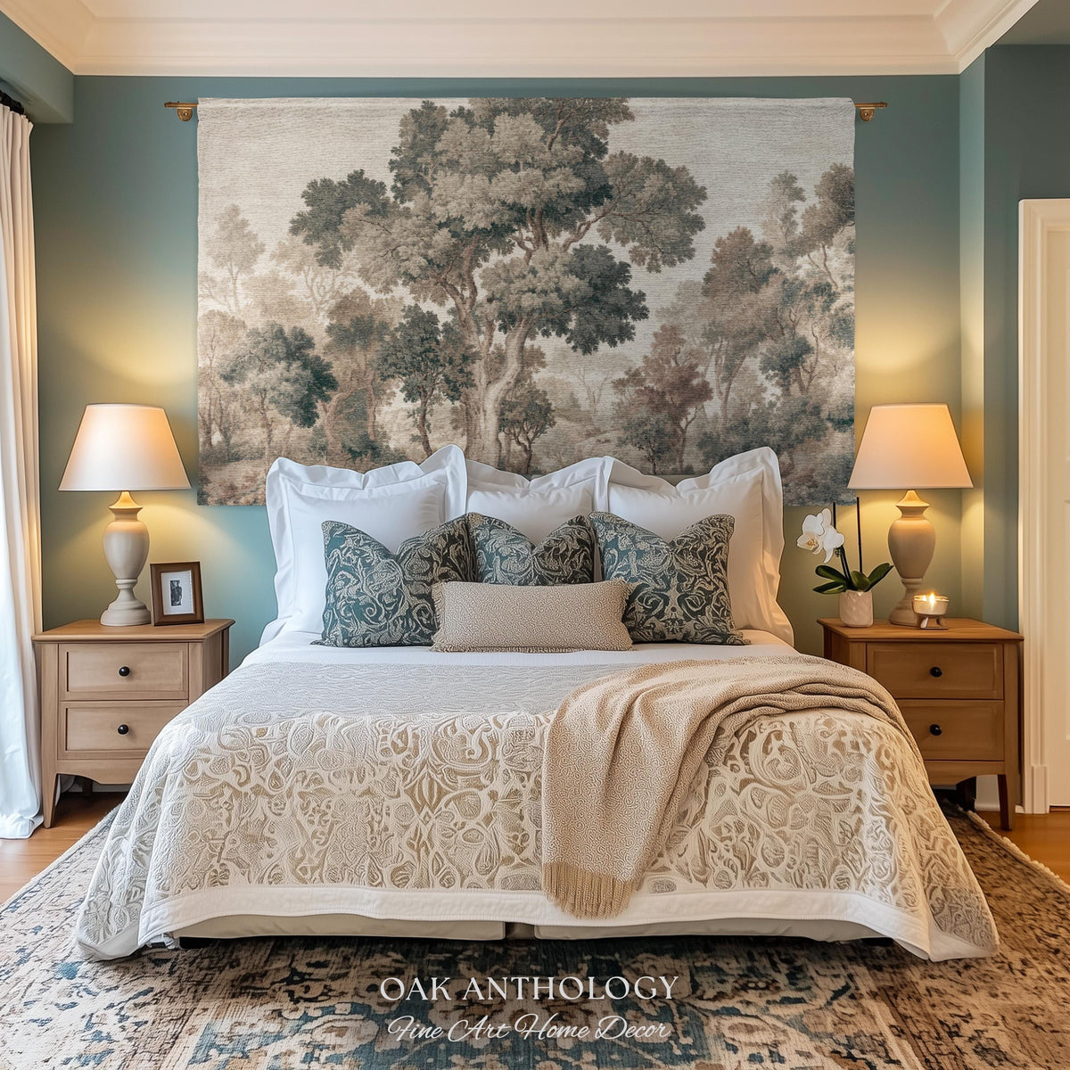 Majestic Tree Misty Forest Tapestry Woven Wall Hanging | Muted Tones Woodland Throw Blanket Rustic Elegance Nature Landscape Art Home Decor