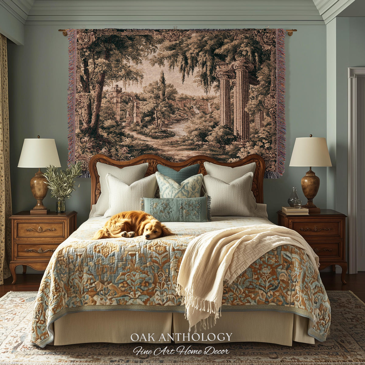 Classical Columns Garden Ruins Landscape Tapestry Woven Wall Hanging | Neoclassical Estate Vista Architectural Botanical Nature Textile Art