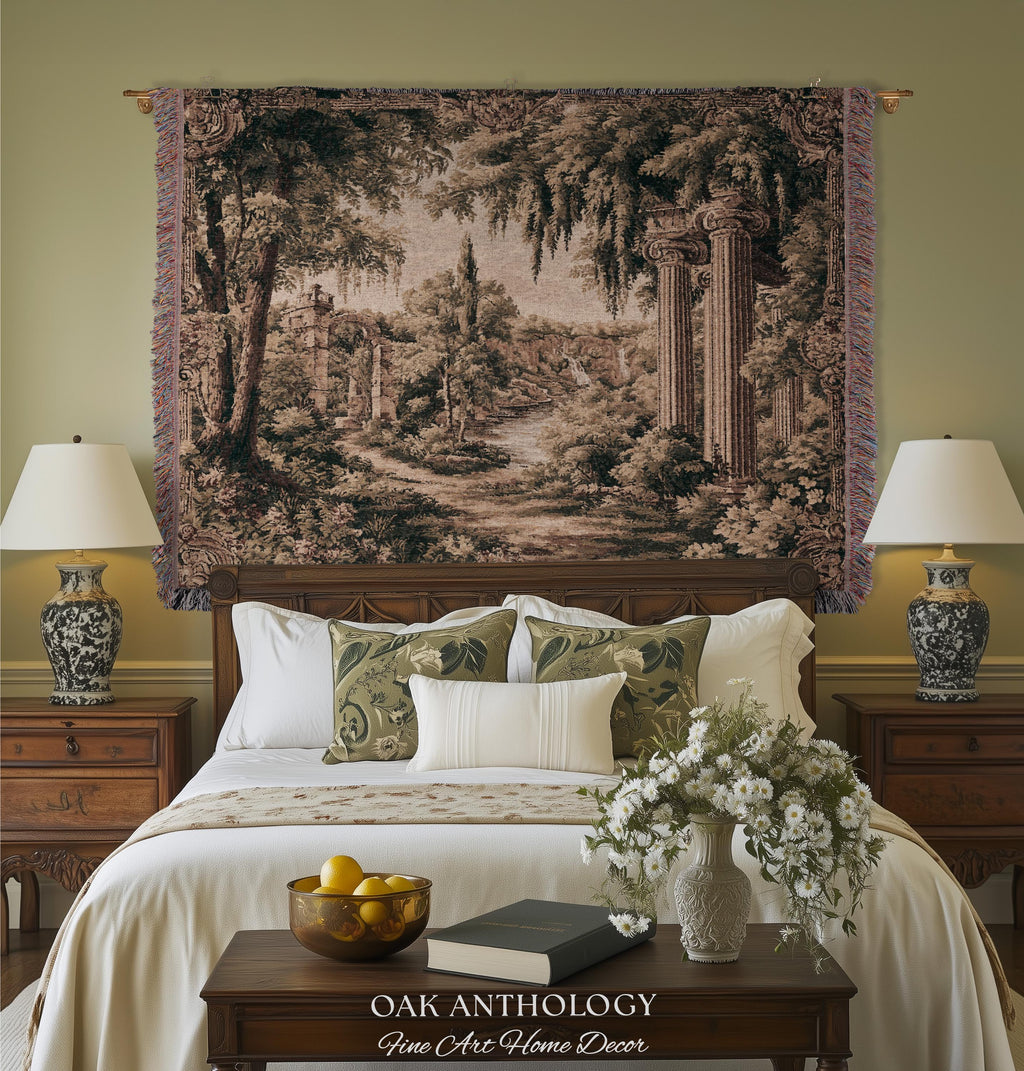 Classical Columns Garden Ruins Landscape Tapestry Woven Wall Hanging | Neoclassical Estate Vista Architectural Botanical Nature Textile Art