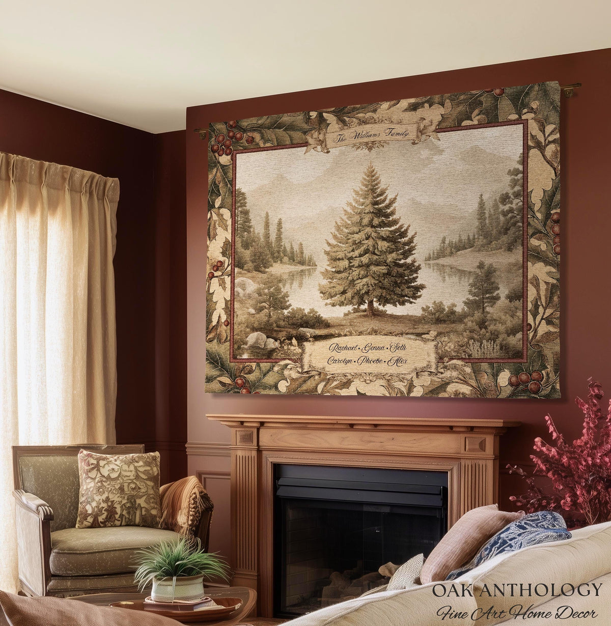 Rustic River Spruce Family Tree Woven Tapestry Custom Names | Woodland Heritage Throw Blanket Personalized Ancestral Heartfelt Keepsake Gift
