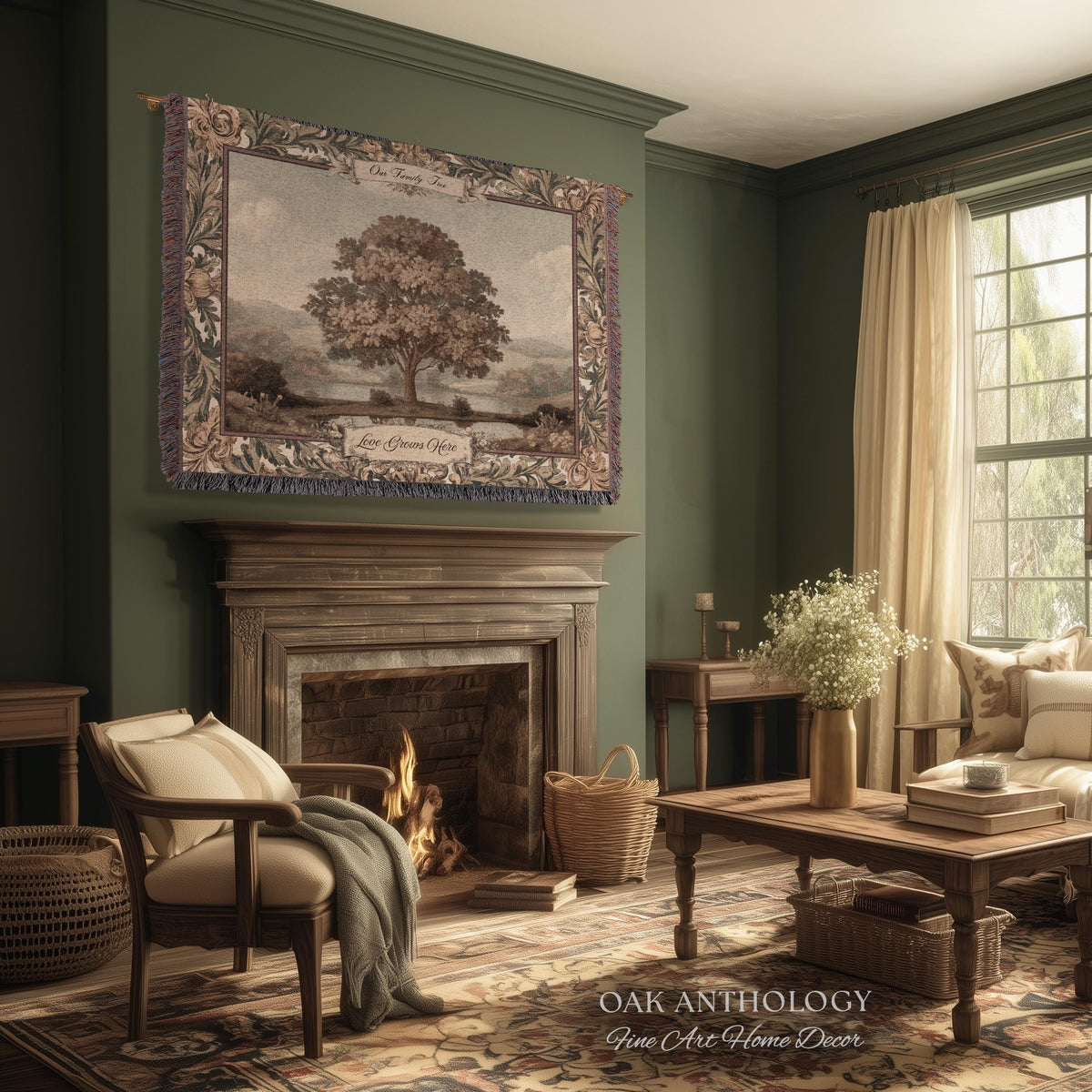 Old World Charm Wall Hanging Chestnut Family Tree Custom Names Tapestry | Heirloom Woven Throw Personalized Verdure Ancestral Keepsake Gift
