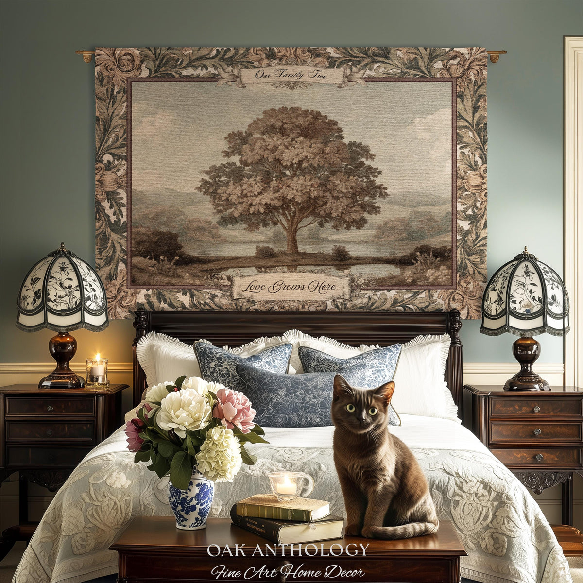 Old World Charm Wall Hanging Chestnut Family Tree Custom Names Tapestry | Heirloom Woven Throw Personalized Verdure Ancestral Keepsake Gift