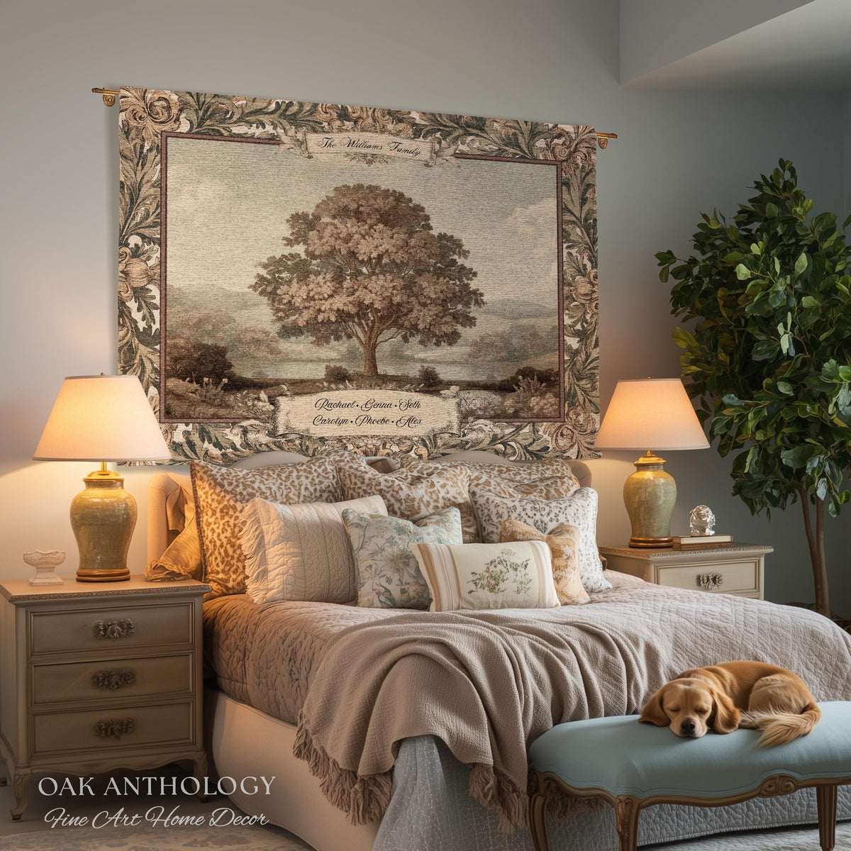 Old World Charm Wall Hanging Chestnut Family Tree Custom Names Tapestry | Heirloom Woven Throw Personalized Verdure Ancestral Keepsake Gift